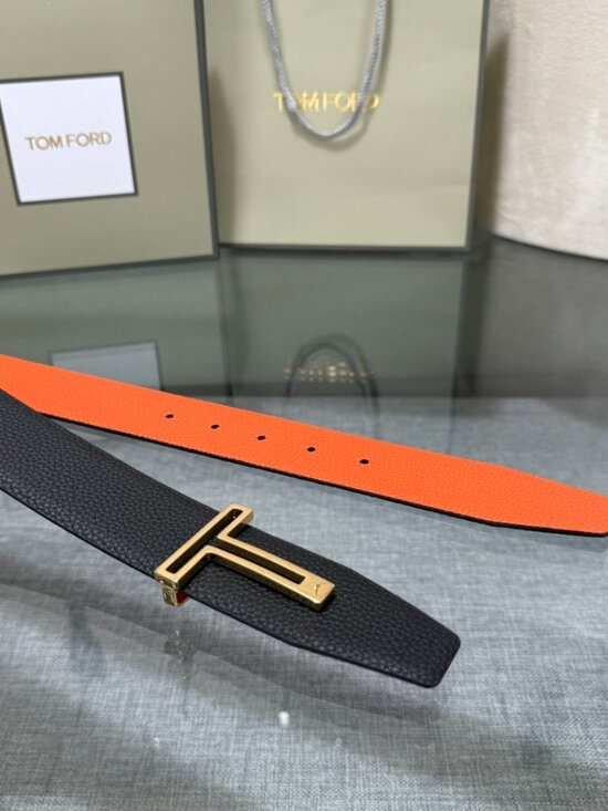 Tom Ford Reversible Black Pebble Leather Orange Lining Gold T Logo Buckle Dress main image 4